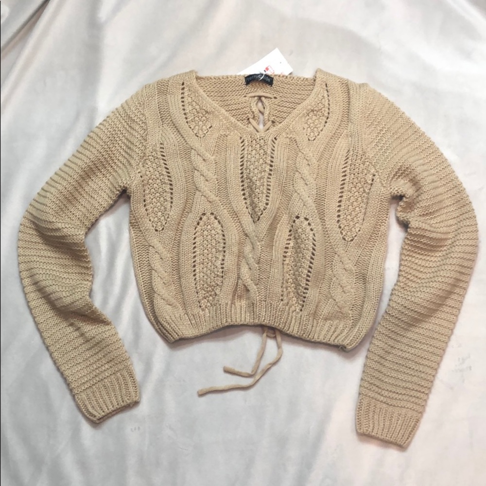 Eyelet Cable Lace Up back Cropped Sweater